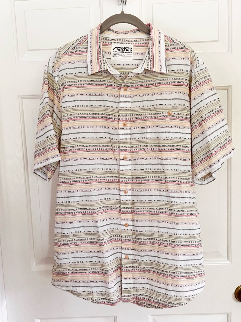 Mountain Khakis Short Sleeve Button-Down Shirt in Cream with Multicolor Stripes